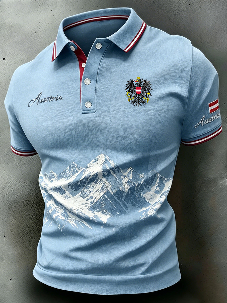 Herren-Poloshirt mit berginspirierter Stickerei und Aufdruck
