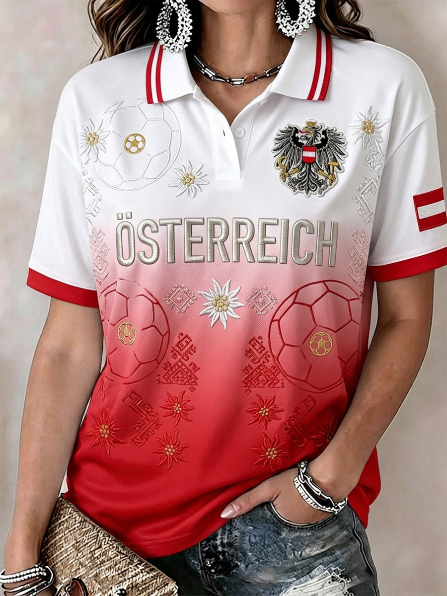 Damen-Kurzarm-Polo-Shirt mit Fußball-Themen-Print