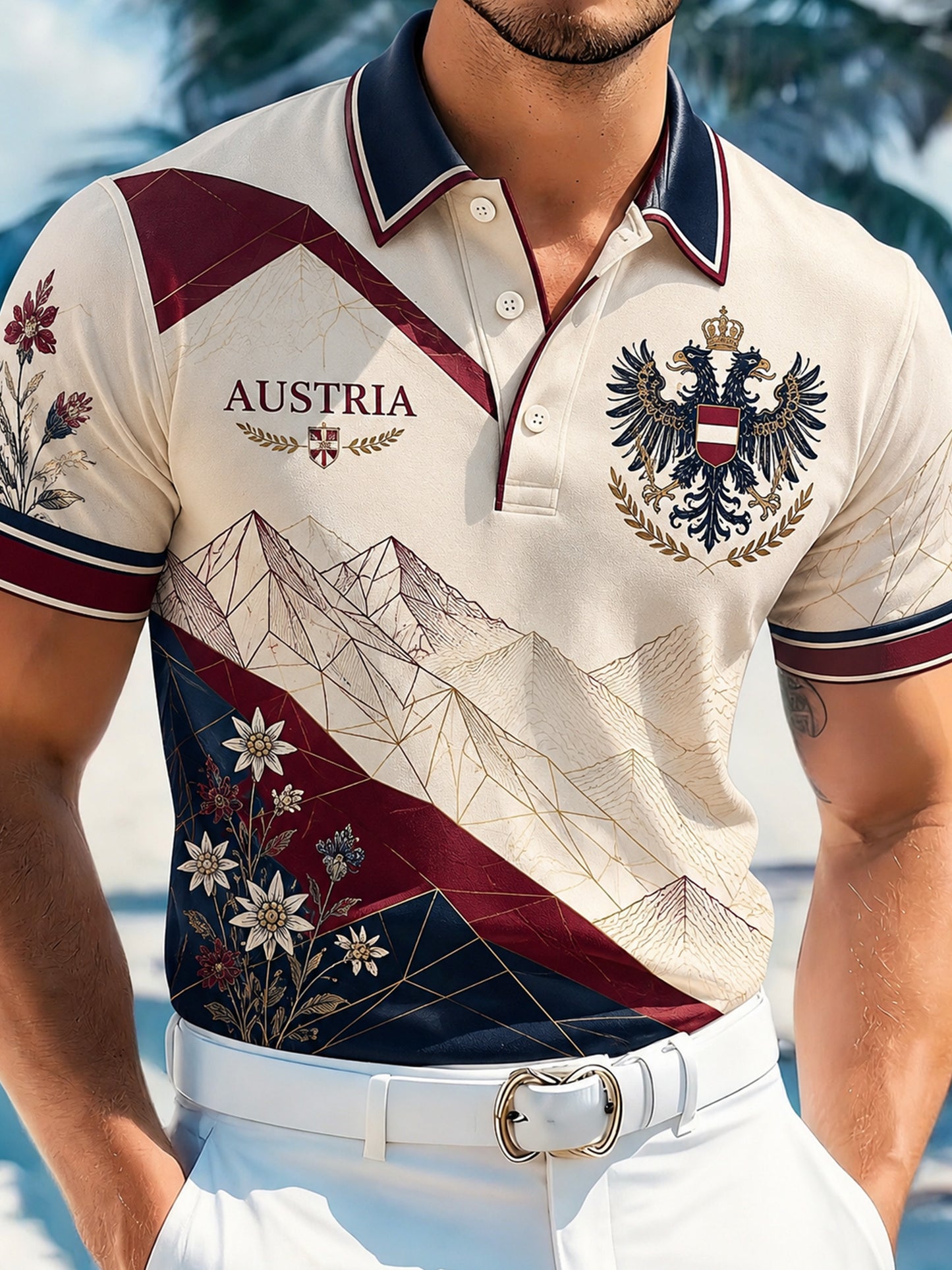 Herren-Polo mit kurzen Ärmeln und Kunstdruck eines österreichischen Naturlandschafts‑Motivs