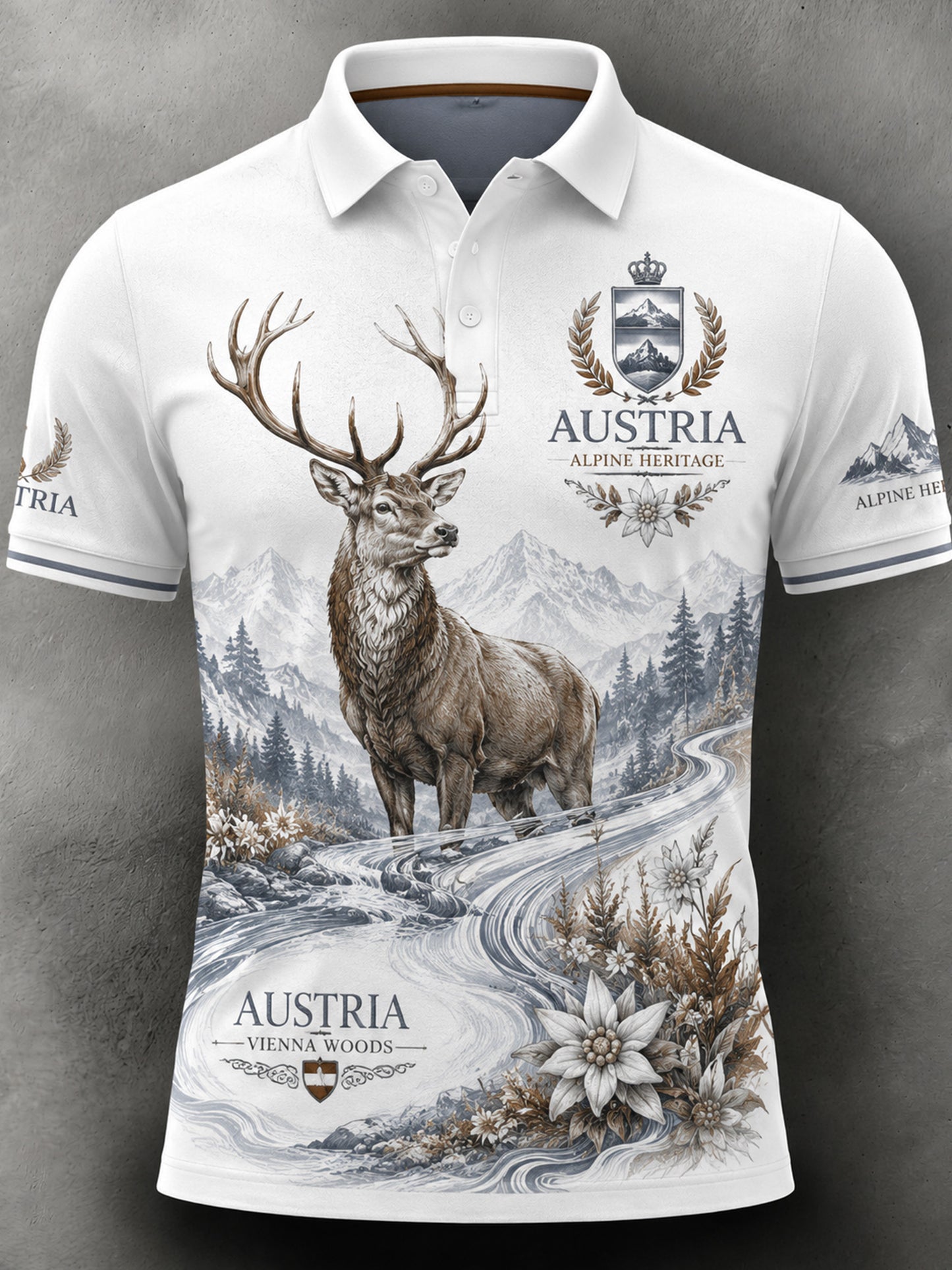 Herren-Polo mit kurzen Ärmeln und Kunstdruck eines österreichischen Naturlandschafts‑Motivs