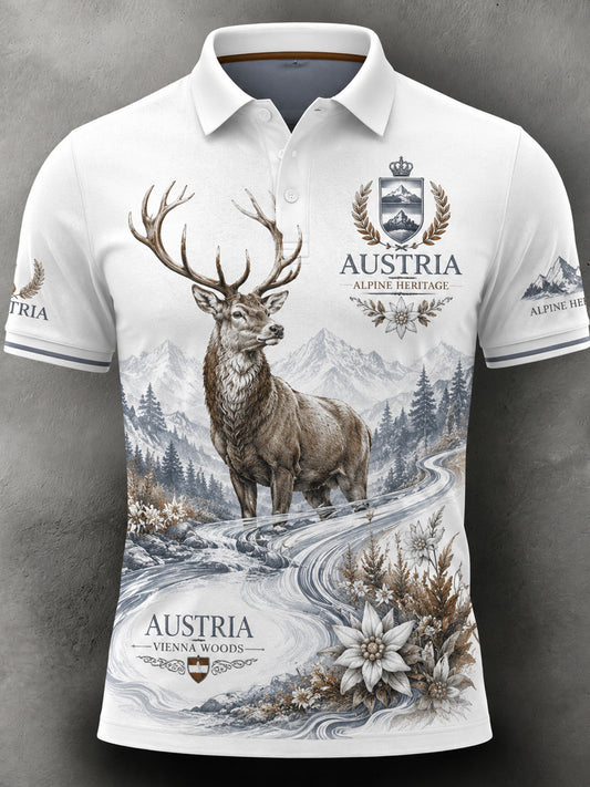 Herren-Polo mit kurzen Ärmeln und Kunstdruck eines österreichischen Naturlandschafts‑Motivs