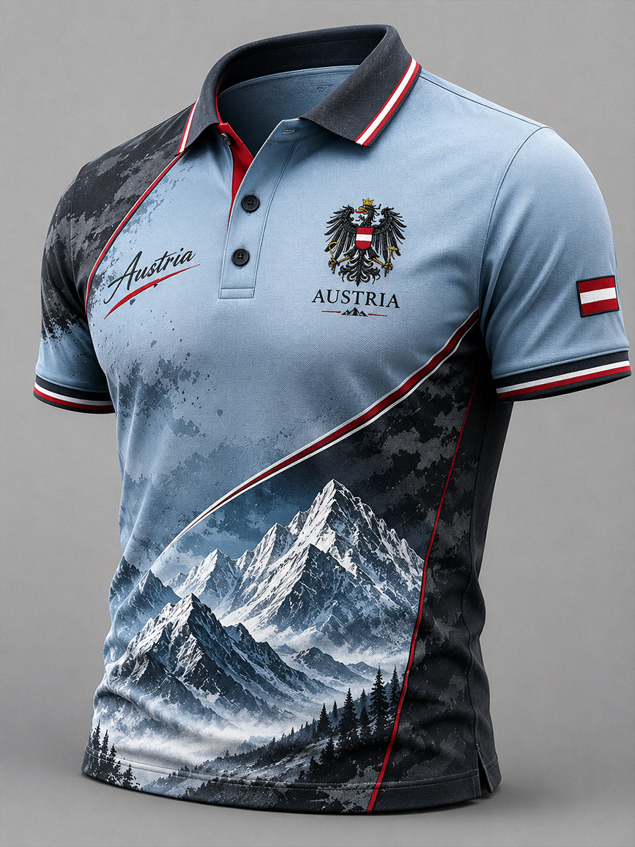 Herren-Poloshirt in Retro-Optik mit Schneegebirgslandschaftsdruck und kurzen Ärmeln