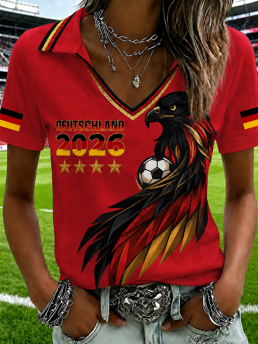 Bedrucktes T-Shirt mit V-Ausschnitt für Damen deutscher Fußballfan
