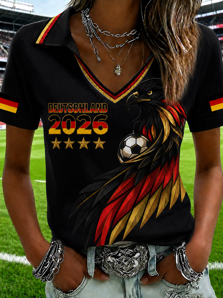 Bedrucktes T-Shirt mit V-Ausschnitt für Damen deutscher Fußballfan