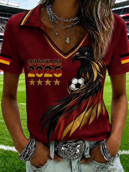 Bedrucktes T-Shirt mit V-Ausschnitt für Damen deutscher Fußballfan