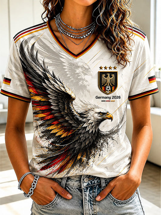 Frauen Deutschland Fußball Bedrucktes T-Shirt mit V-Ausschnitt