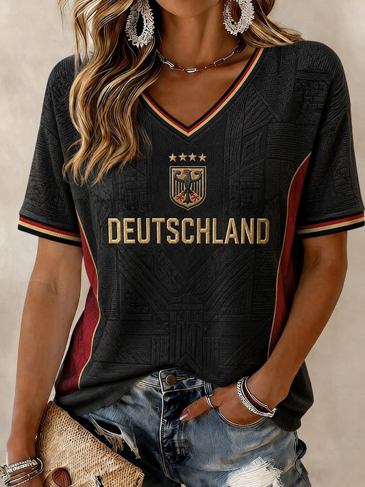 Damen-Fußball-T-Shirt aus Deutschland mit V-Ausschnitt und Print