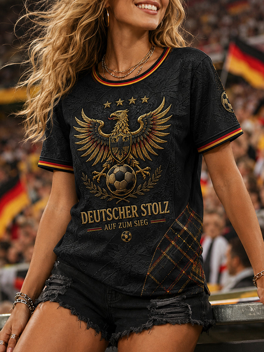 Damen-T-Shirt mit kurzen Ärmeln und Adler- sowie Fußball-Print