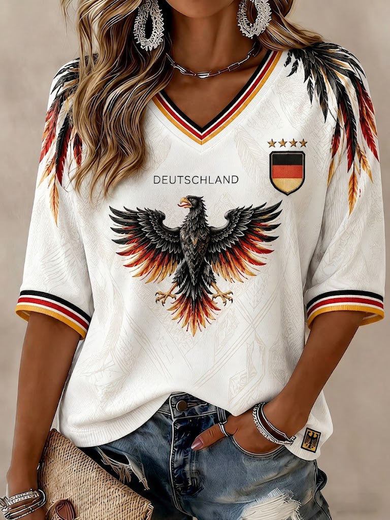 Damen-Fußball-T-Shirt aus Deutschland mit Druck, mittellangen Ärmeln und V-Ausschnitt