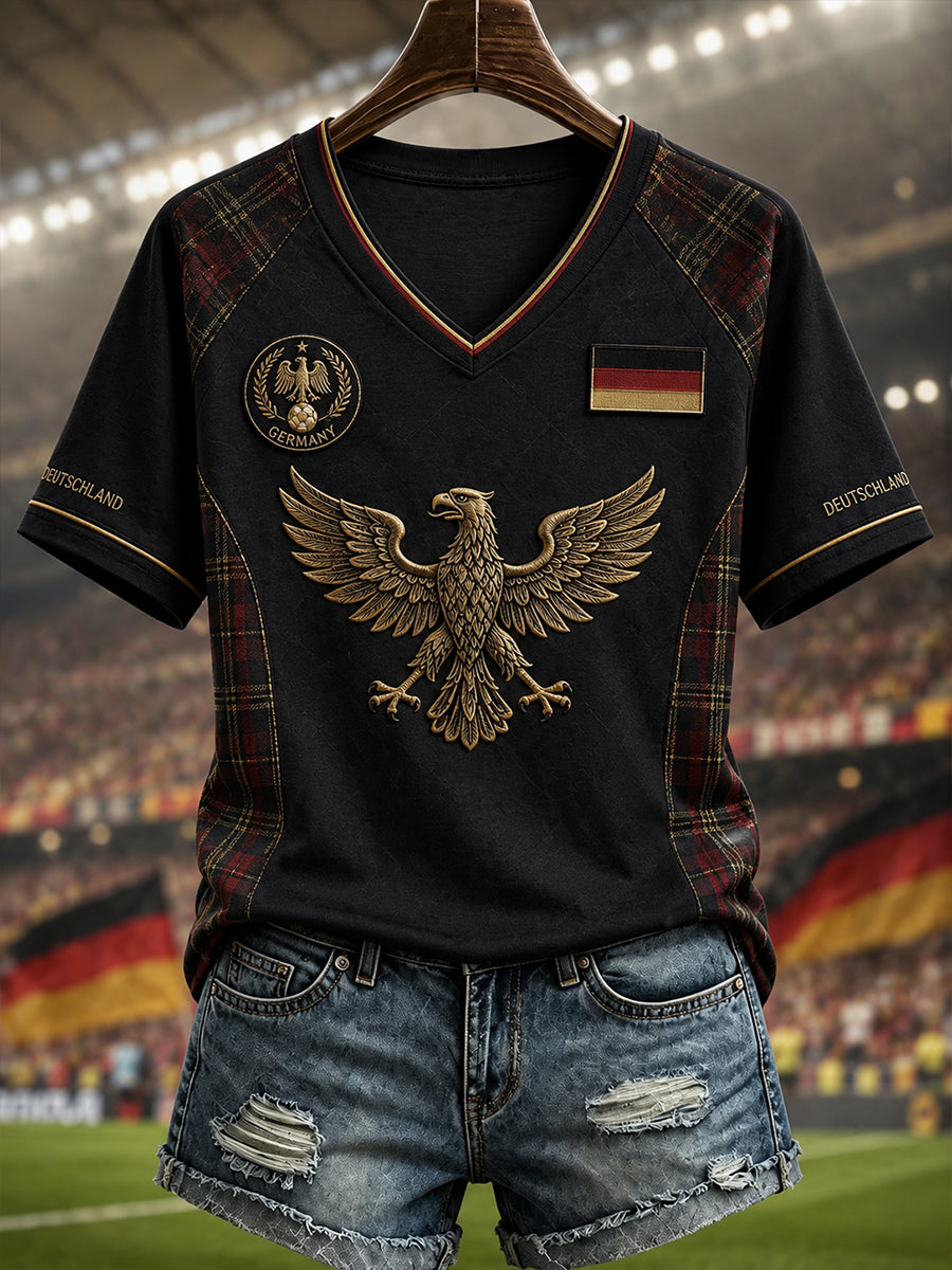 Frauen Deutschland Fußball V-Ausschnitt Off-Schulter kurz ärmel iges T-Shirt