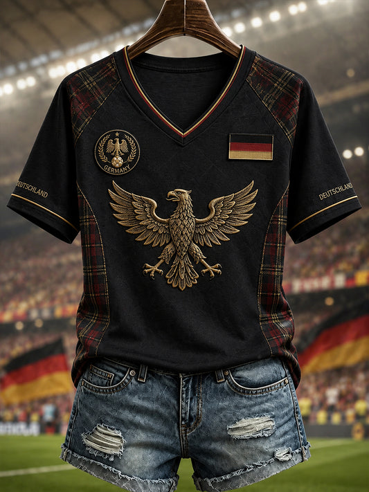 Frauen Deutschland Fußball V-Ausschnitt Off-Schulter kurz ärmel iges T-Shirt