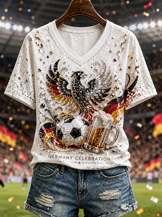 Damen-Fußball-T-Shirt in Deutschland-Optik mit V-Ausschnitt und schulterfreiem, kurzärmeligem Design