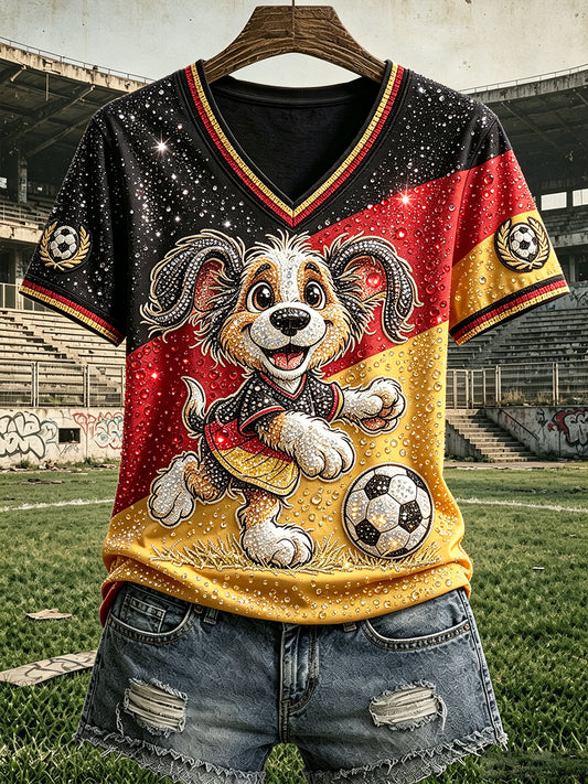Frauen-T-Shirt im Casual-Stil mit deutscher Flaggen-Football- und niedlichen Welpenmotiven sowie V-Ausschnitt