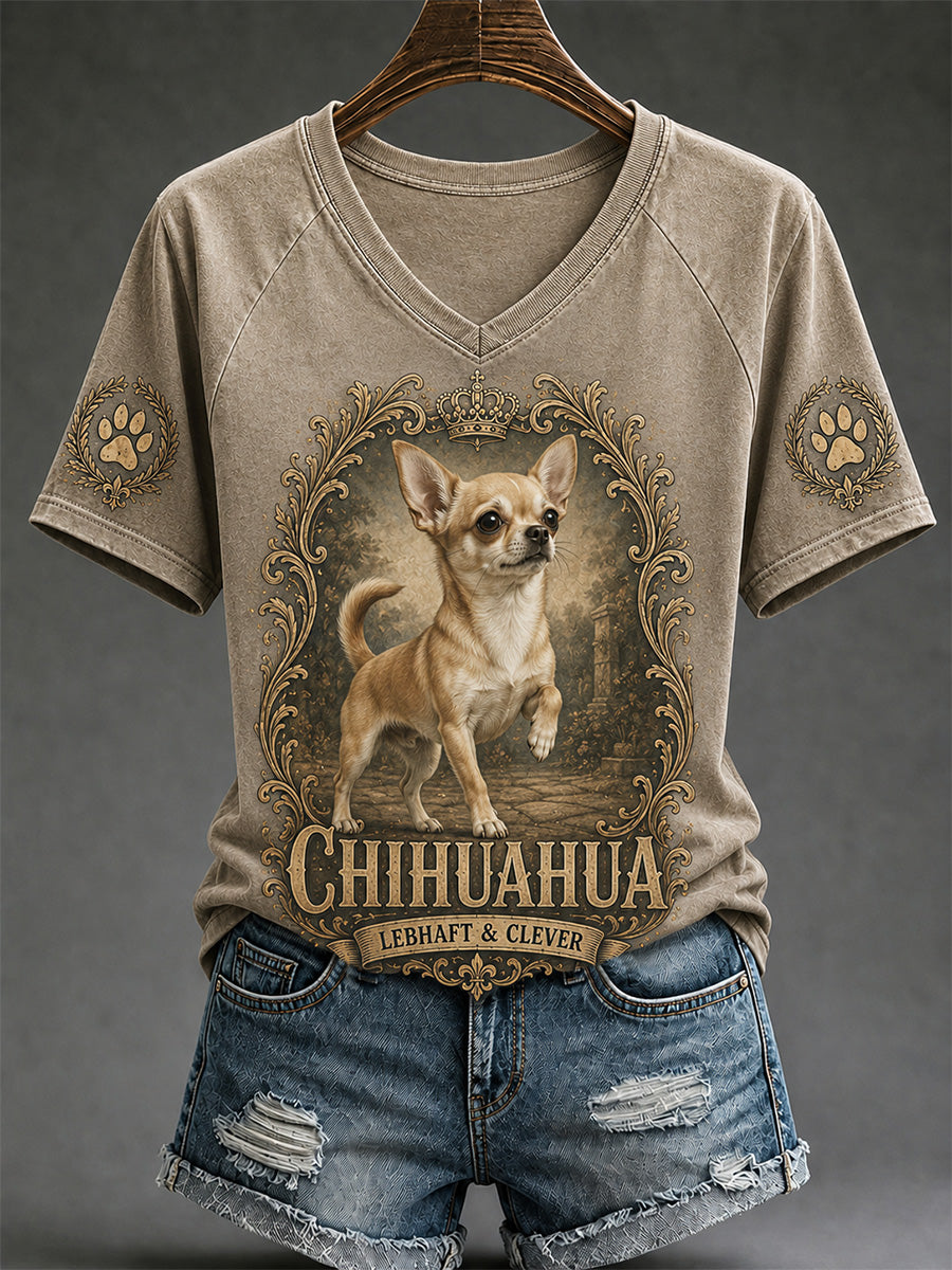 Damen-Retro-T-Shirt mit Hunde-Print und V-Ausschnitt, lässig geschnitten