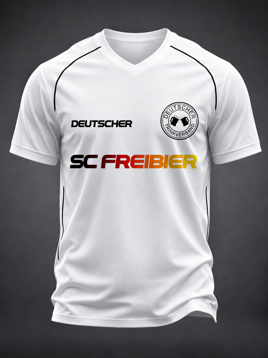 Herren-Fun-T-Shirt mit Fußball- und Bier-Print sowie V-Ausschnitt