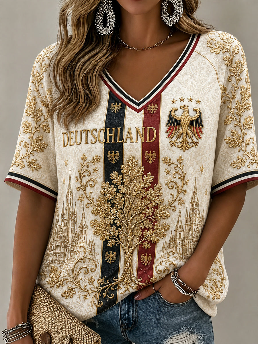 Frauen Deutschland Foot abll V-Ausschnitt schulter frei kurz ärmel iges T-Shirt