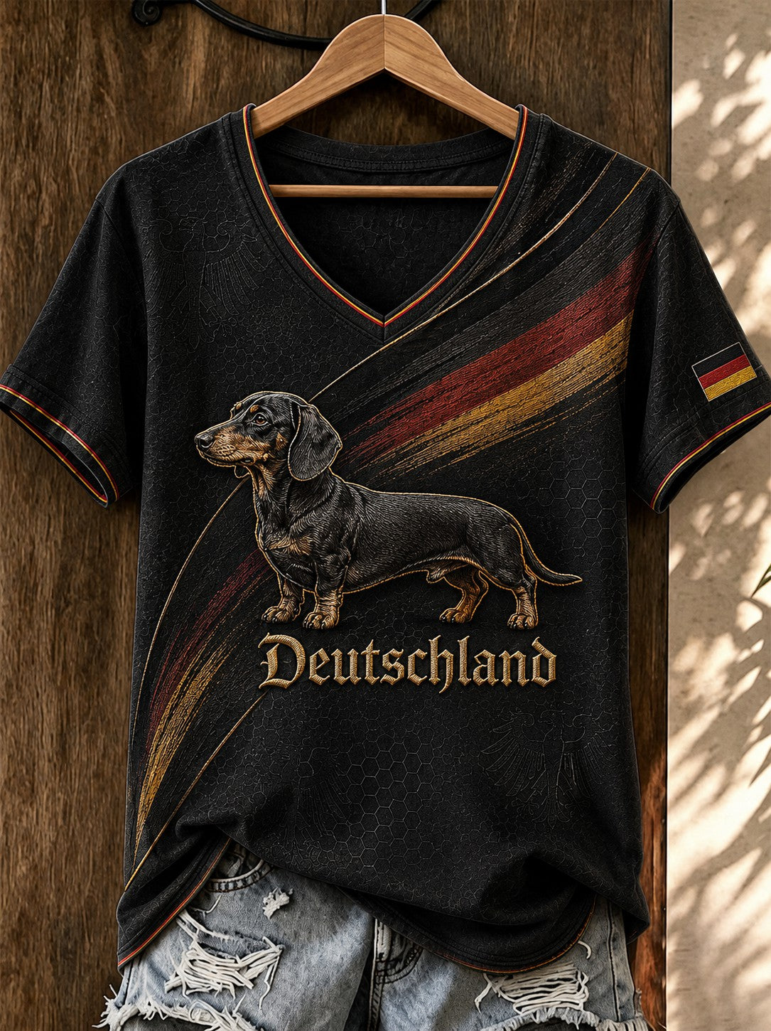 Damen-T-Shirt mit Dackelmotiv und V-Ausschnitt