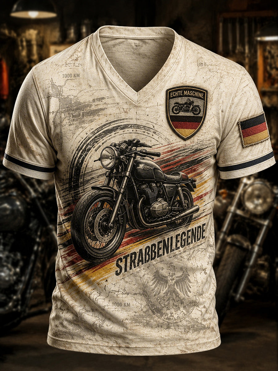 Herren-Vintage-T-Shirt im Biker-Stil mit V-Ausschnitt, deutsche Optik