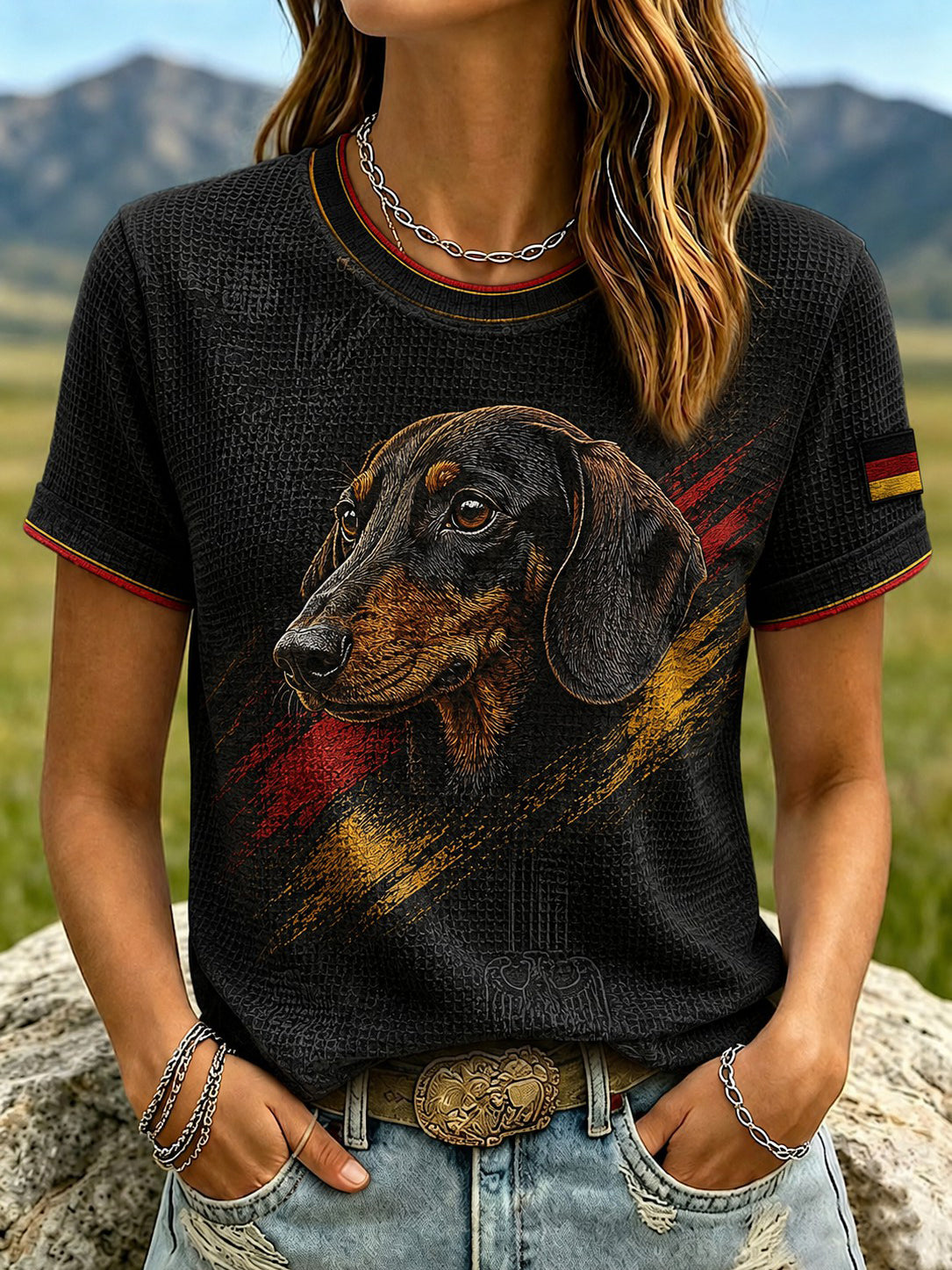 Damen-T-Shirt mit Dackel-Print aus Waffelstoff, kurzärmelig