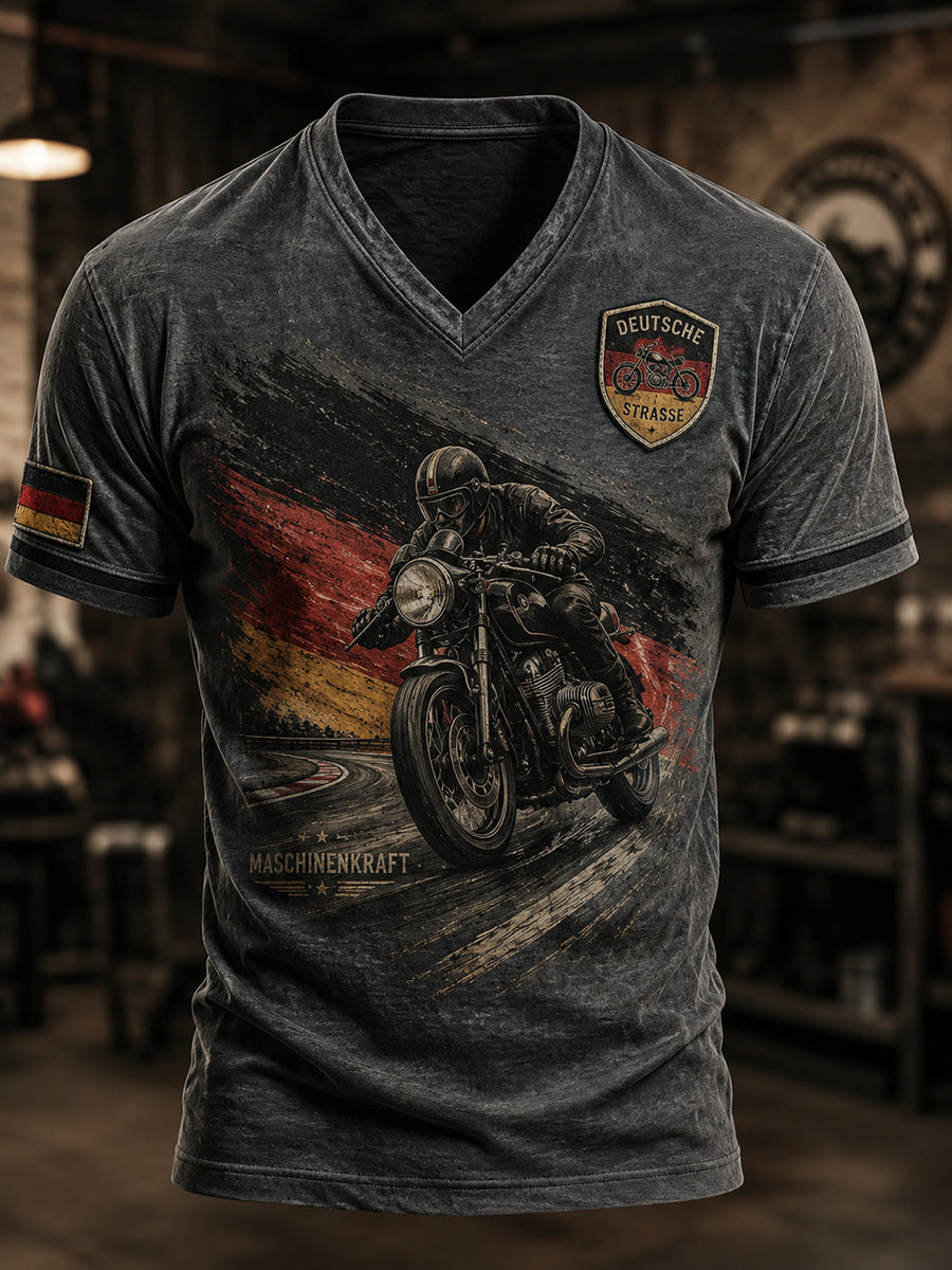 Herren-Vintage-T-Shirt im Biker-Stil mit V-Ausschnitt, deutsche Optik