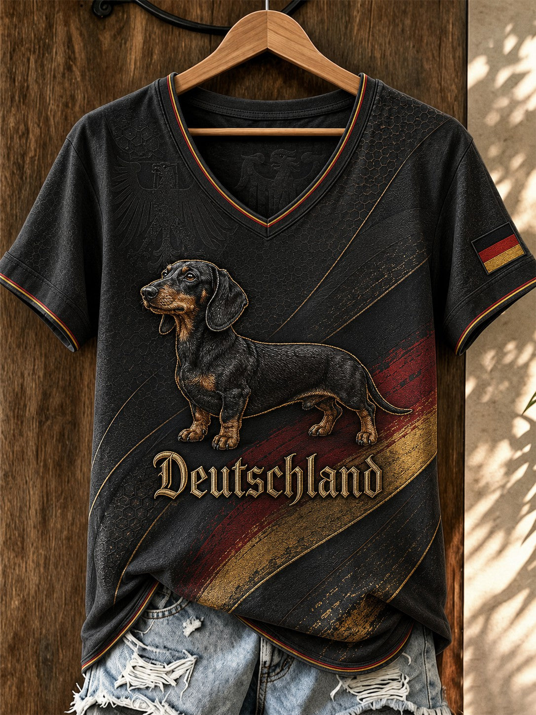 Damen-T-Shirt mit Dackelmotiv und V-Ausschnitt
