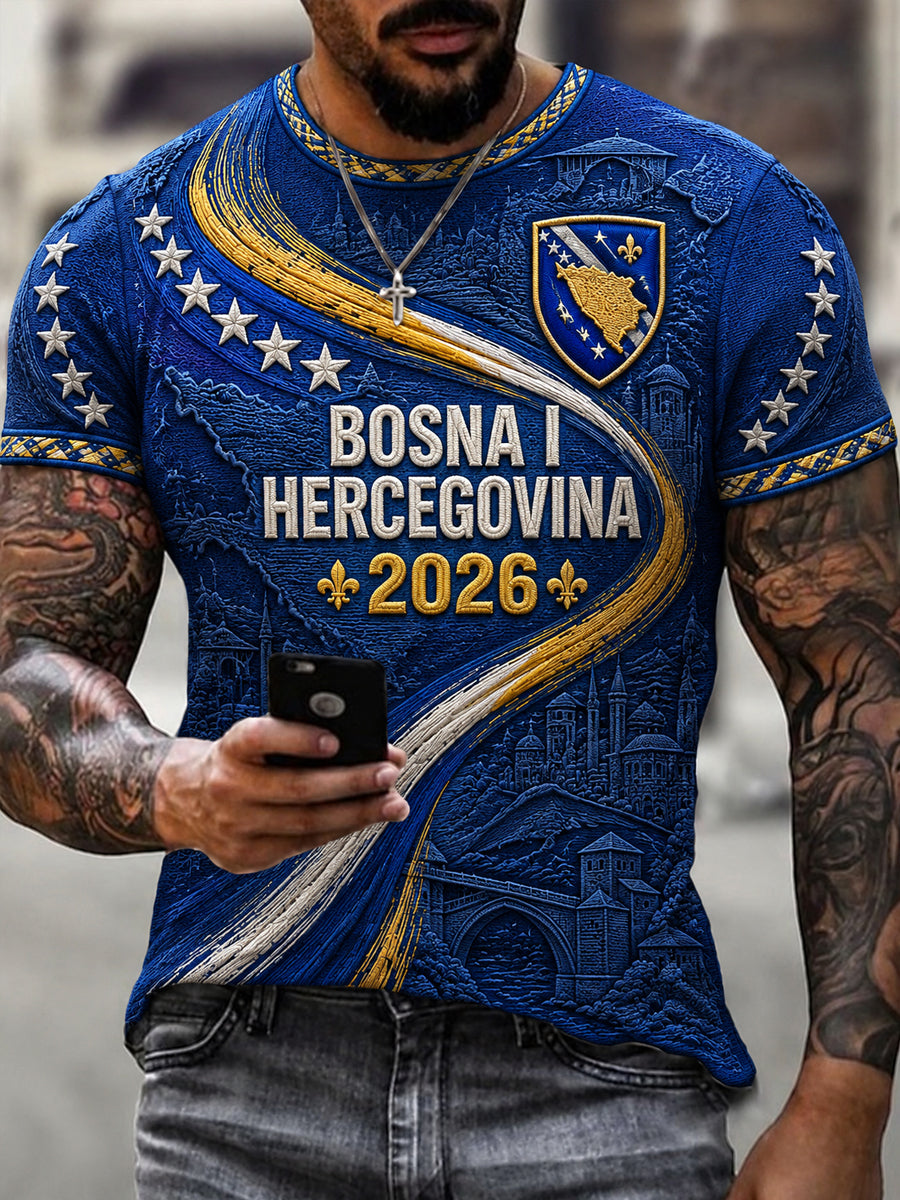 Herren-Fußballfan-T-Shirt mit Bosnien-Design, lässig, kurzärmlig, bedruckt