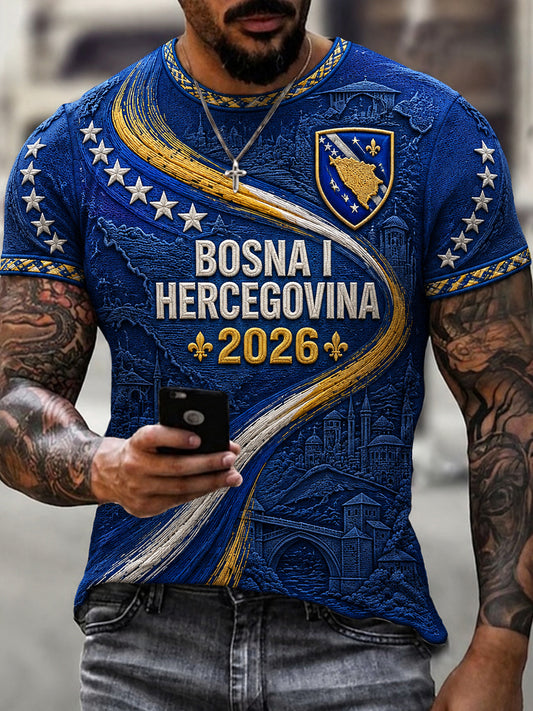Herren-Fußballfan-T-Shirt mit Bosnien-Design, lässig, kurzärmlig, bedruckt