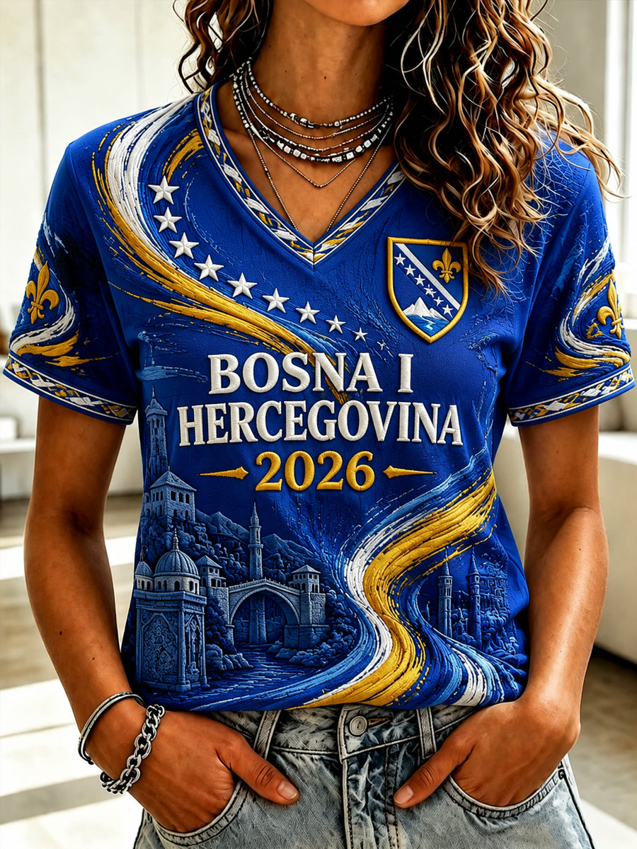 Damen-T-Shirt mit lässigem Kurzarm-Design und aufgedrucktem Fußballmotiv zum Thema Bosnien