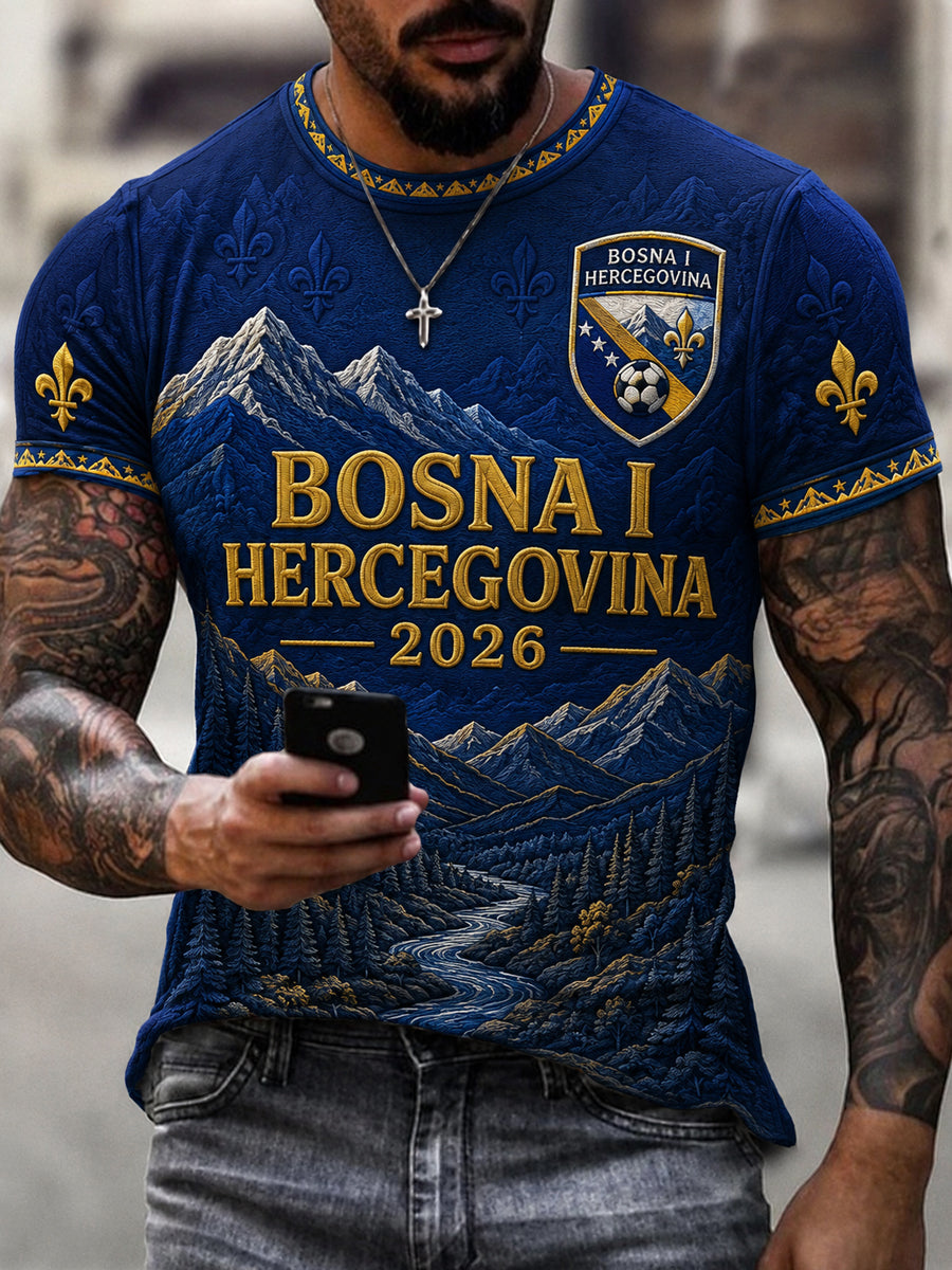 Herren-Fußballfan-T-Shirt mit Bosnien-Design, lässig, kurzärmlig, bedruckt