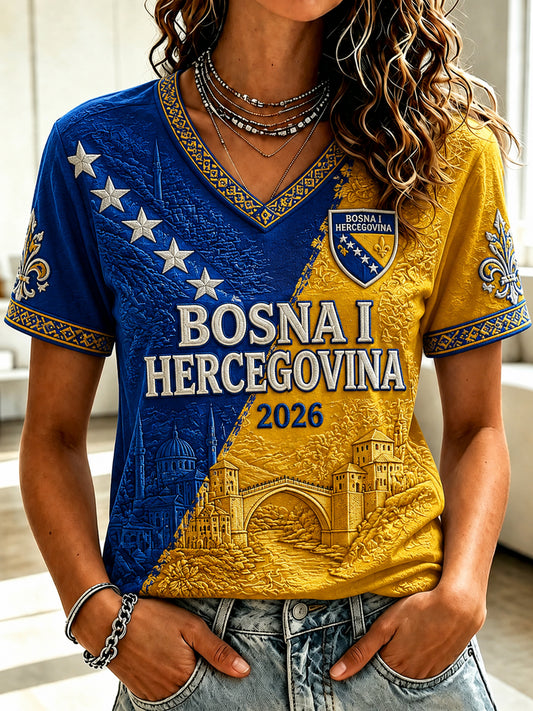 Damen-T-Shirt mit lässigem Kurzarm-Design und aufgedrucktem Fußballmotiv zum Thema Bosnien