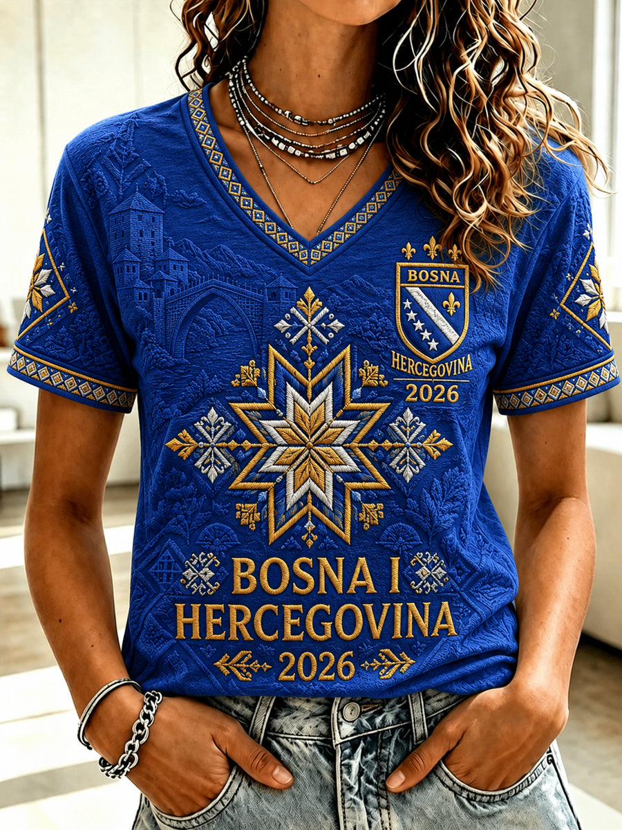 Damen-T-Shirt mit lässigem Kurzarm-Design und aufgedrucktem Fußballmotiv zum Thema Bosnien