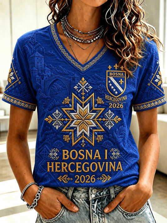 Damen-T-Shirt mit lässigem Kurzarm-Design und aufgedrucktem Fußballmotiv zum Thema Bosnien