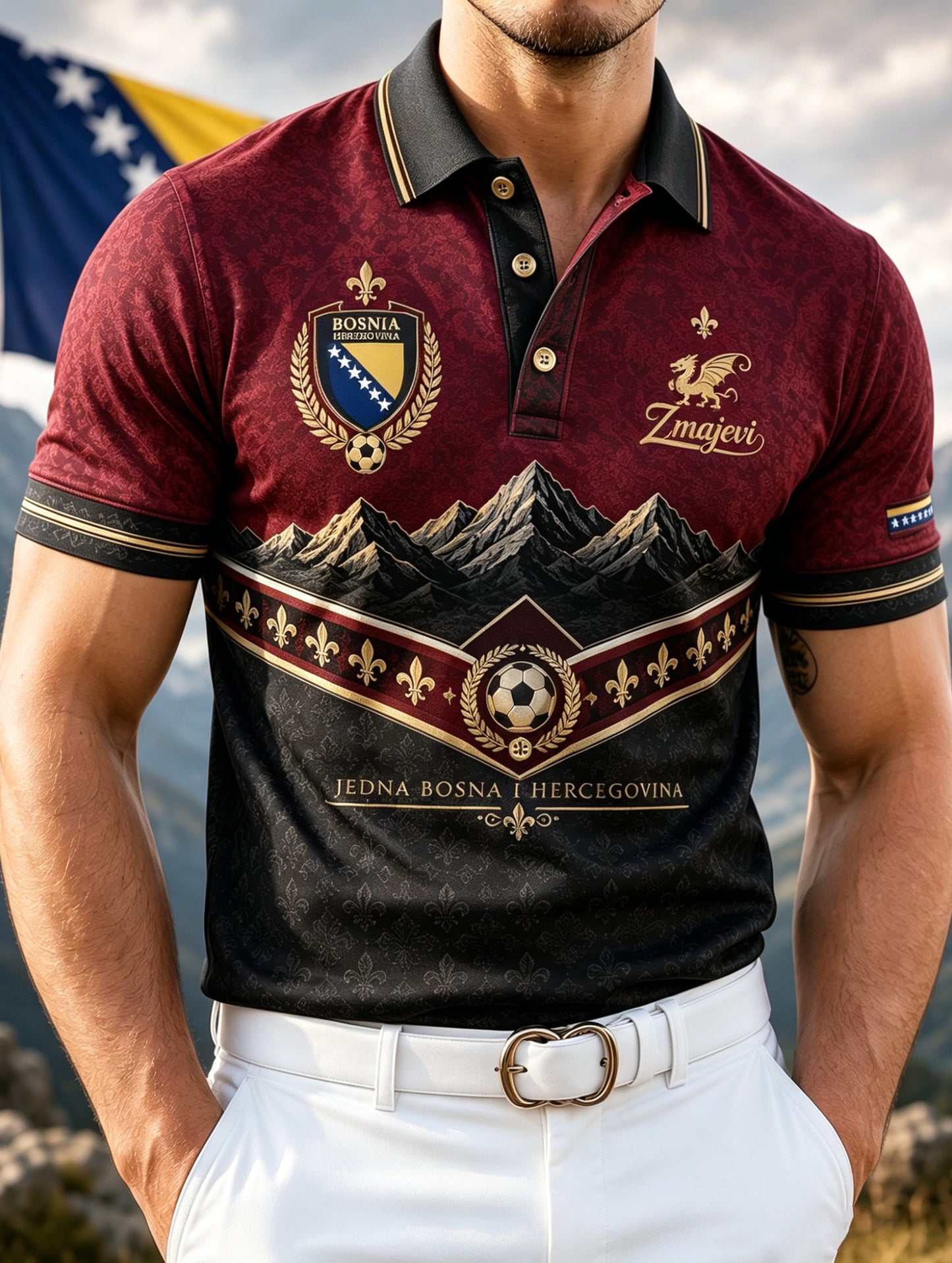 Herren-Poloshirt mit Kunstdruck zum Anfeuern bei bosnischen Fußballspielen