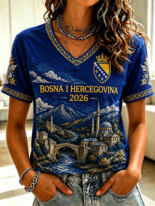 Damen-T-Shirt mit lässigem Kurzarm-Design und aufgedrucktem Fußballmotiv zum Thema Bosnien