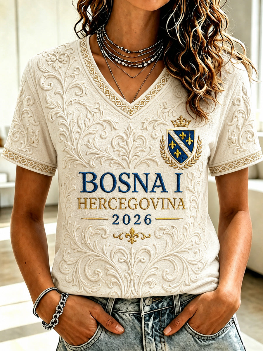 Damen-T-Shirt mit lässigem Kurzarm-Design und aufgedrucktem Fußballmotiv zum Thema Bosnien