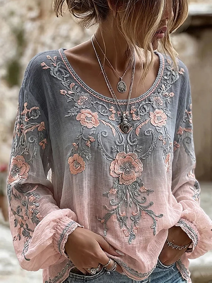 Damen-Top aus Baumwolle-Leinen im Vintage-Stil mit floraler Kunstprint-Optik