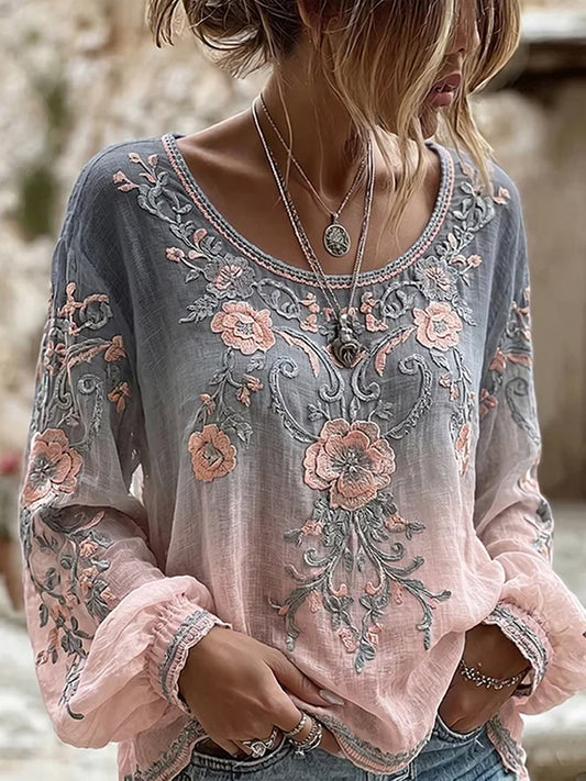 Damen-Top aus Baumwolle-Leinen im Vintage-Stil mit floraler Kunstprint-Optik
