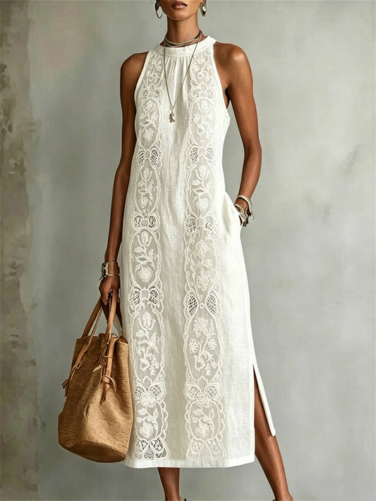 Damen-Elegantes Vintage-Maxikleid aus Leinen mit Blumen‑ und Spitzen‑Kunstdruck und seitlichem Schlitz