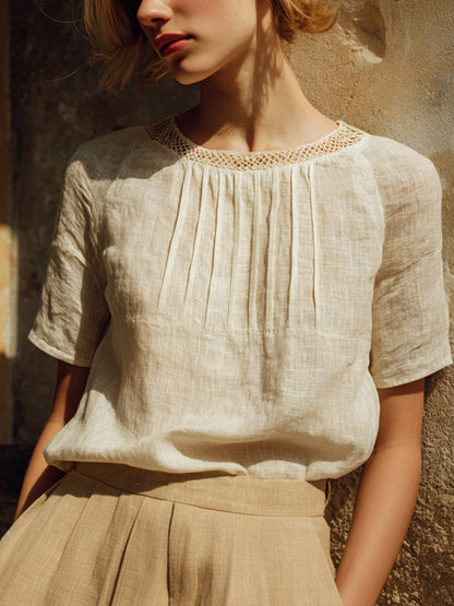Frauen Elegantes Spitzen-Patchwork-Leinen-Misch hemd