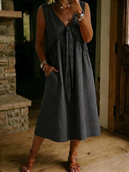 Damen-Midikleid im Vintage-Stil mit Spitzenbändern und ärmellos
