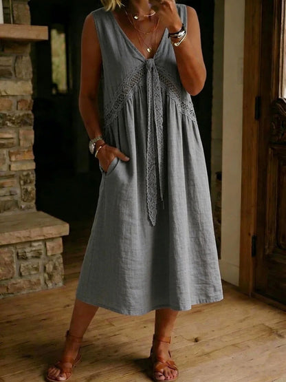 Damen-Midikleid im Vintage-Stil mit Spitzenbändern und ärmellos