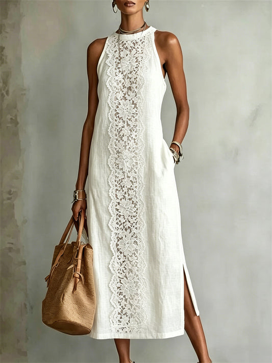 Damen-Elegantes Maxikleid aus Leinen mit floralem Spitzen-Print und seitlichem Schlitz