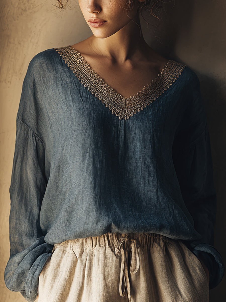 Damenhemd aus Leinen im Vintage-Stil mit Spitzen-Patchwork
