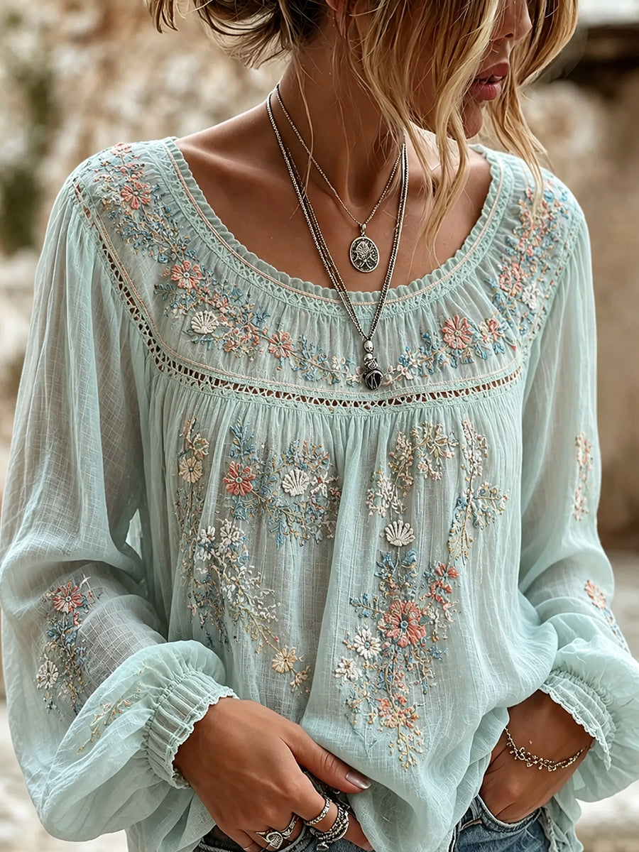 Damen-Top aus Baumwolle-Leinen im Vintage-Stil mit floraler Kunstprint-Optik