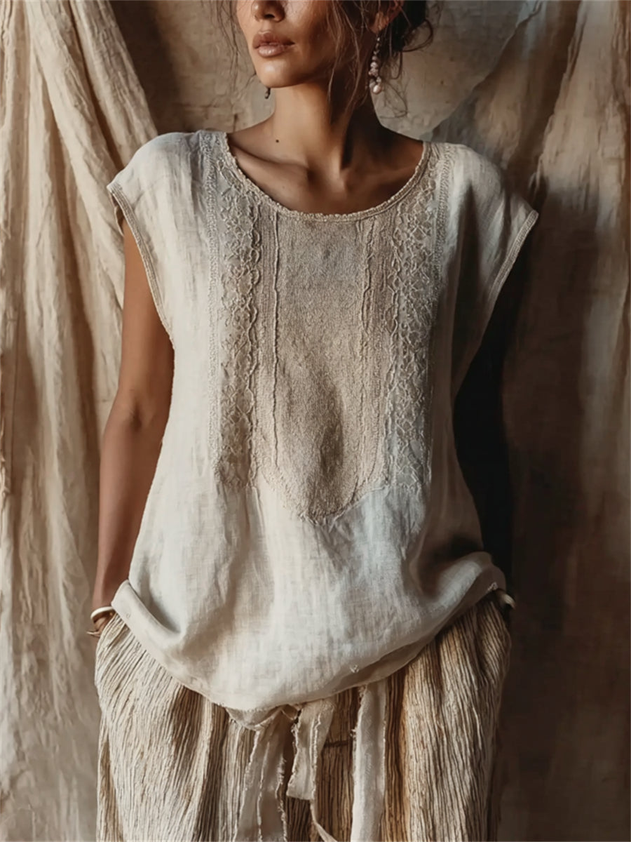 Damen Vintage bequeme Overs ize Cap Ärmel Leinen Tunika