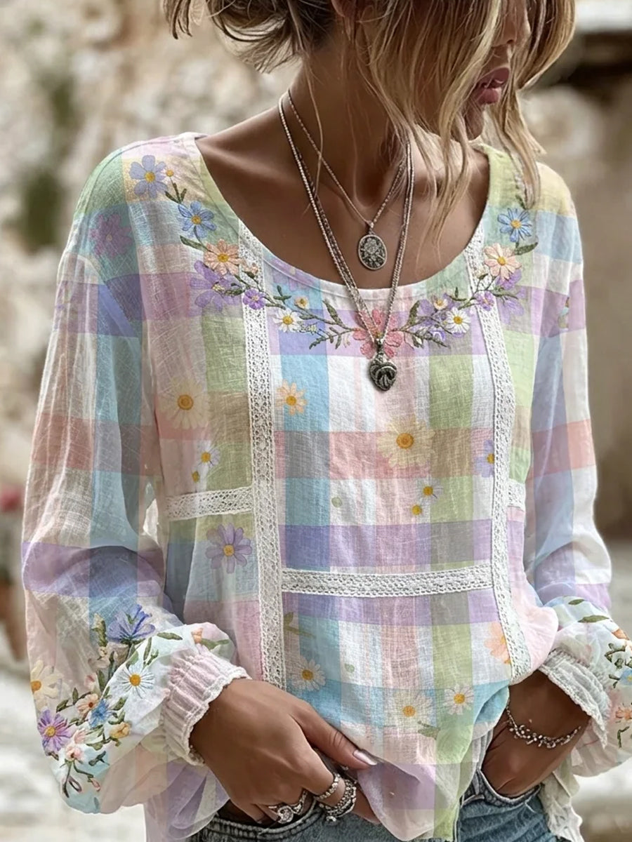 Damen-Top aus Baumwolle-Leinen im Vintage-Stil mit floraler Kunstprint-Optik