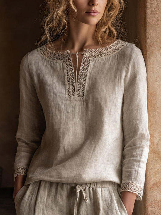 Damenhemd aus Leinen im Vintage-Stil mit Spitzen-Patchwork