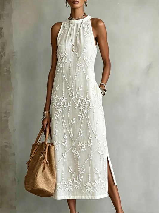 Damen-Elegantes Maxikleid aus Leinen mit kunstvollem Blumenranken-Druck und seitlichem Schlitz
