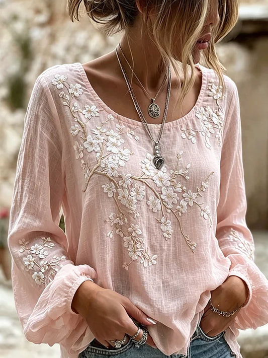 Damen-Vintage-Blumen-Kunstdruck Lässiges Baumwoll-Leinen-Top