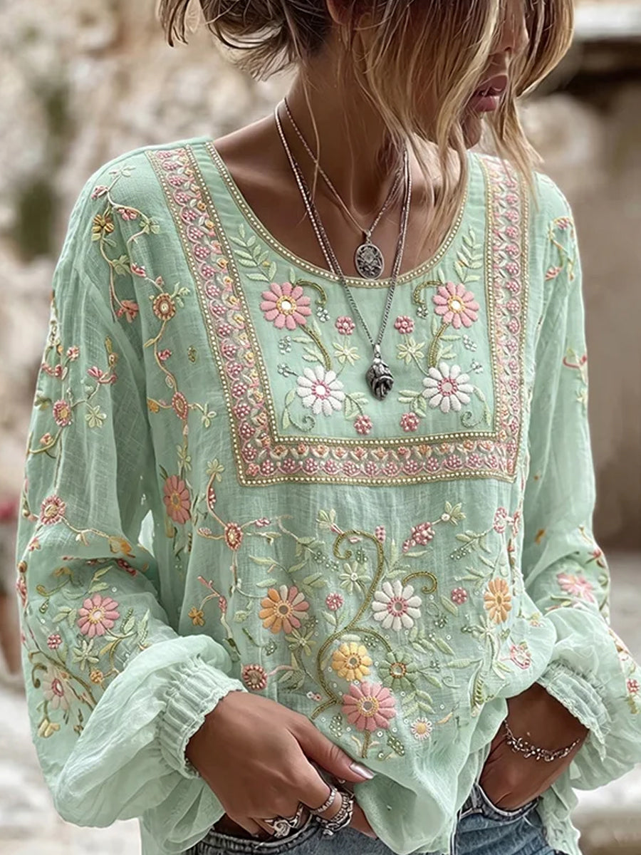 Damen-Top aus Baumwolle-Leinen im Vintage-Stil mit floraler Kunstprint-Optik